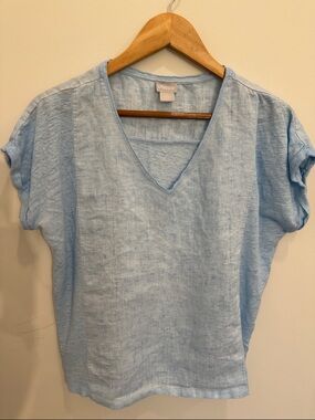 Chico's Pale Blue V-Neck Short Sleeve 100% Linen Top